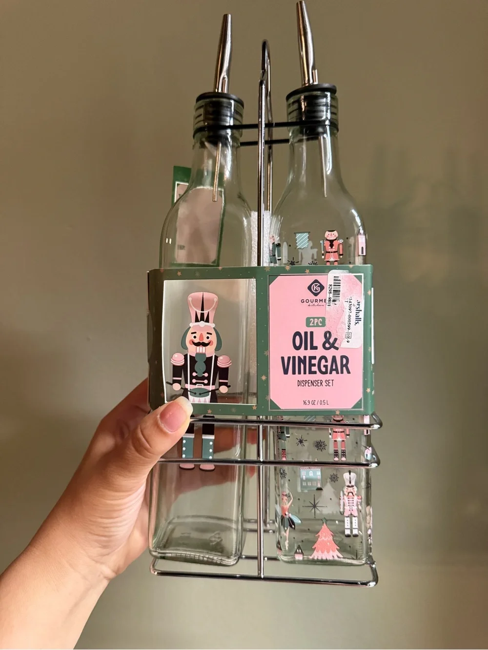 2pc Oil & Vinegar Dispenser Set - Clear Glass with Pink & Green Accents